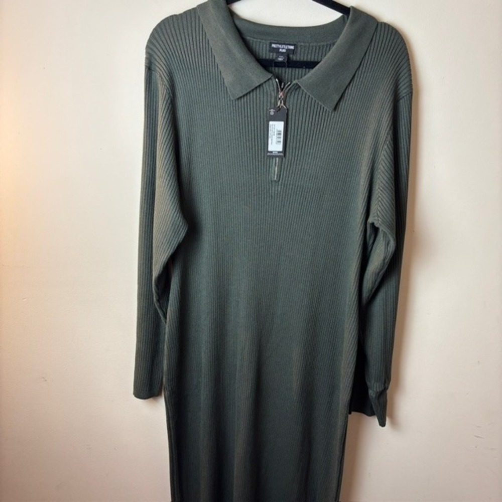 PrettyLittleThing Plus XXXL Olive Green Ribbed Knit Maxi Polo Dress Quarter Zip - Picture 2 of 16